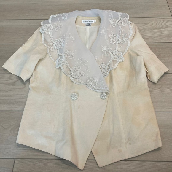 Anne French Jackets & Blazers - VTG Anne French‎ Cream Ramie Embellished Collar Short Sleeve Blazer Jacket